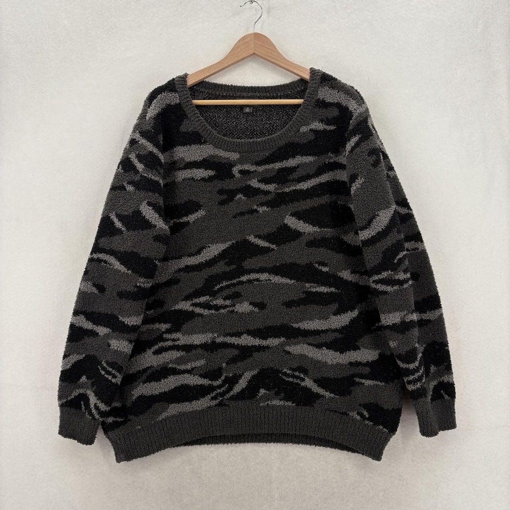 Barefoot Dreams Sweater Womens 1X Gray Camouflage CozyChic Knit Pullover Casual